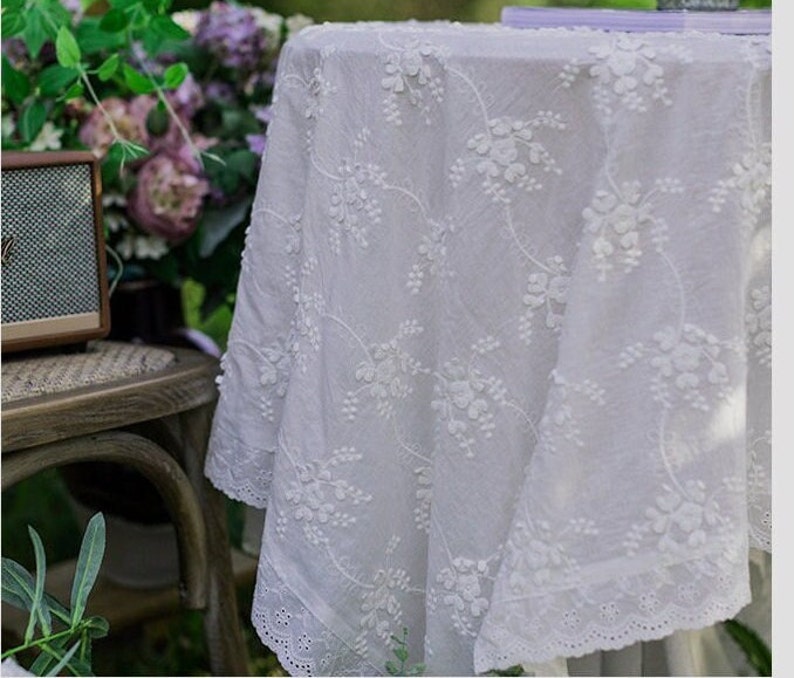 White Lace Tablecloth/French Floral Embroidered Tablecloth/Wedding tablecloth/Outdoor Cotton Table Decor/Rectangle Table Cover Square image 1