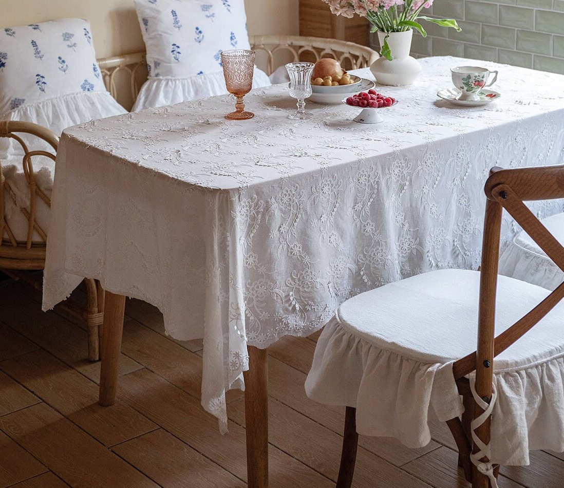 French Floral Embroidered Tablecloth Vintage Country Wedding Tablecloth