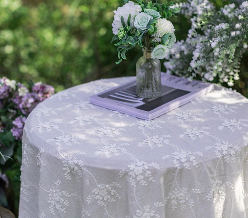 White Lace Tablecloth/French Floral Embroidered Tablecloth/Wedding tablecloth/Outdoor Cotton Table Decor/Rectangle Table Cover Square image 5