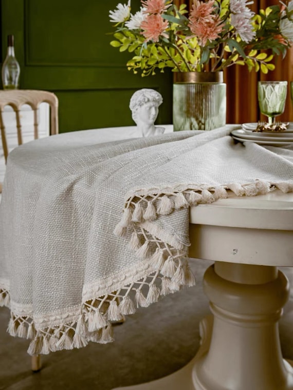 Natural Linen Rectangle Tablecloth Round/linen Tassel Tablecloth/Indoor Outdoor Party Table Decor/Gray linen tablecloth/Beige tablecloth