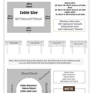May include: A guide on how to choose the right size tablecloth for a table. The guide includes a table with measurements in inches and centimeters, as well as illustrations of different table sizes and tablecloth drops. The text includes the words "Table Size", "Dining Table", "Desk", "Coffee Table", "Tablecloth Size", "Table Diameter", and "Note".