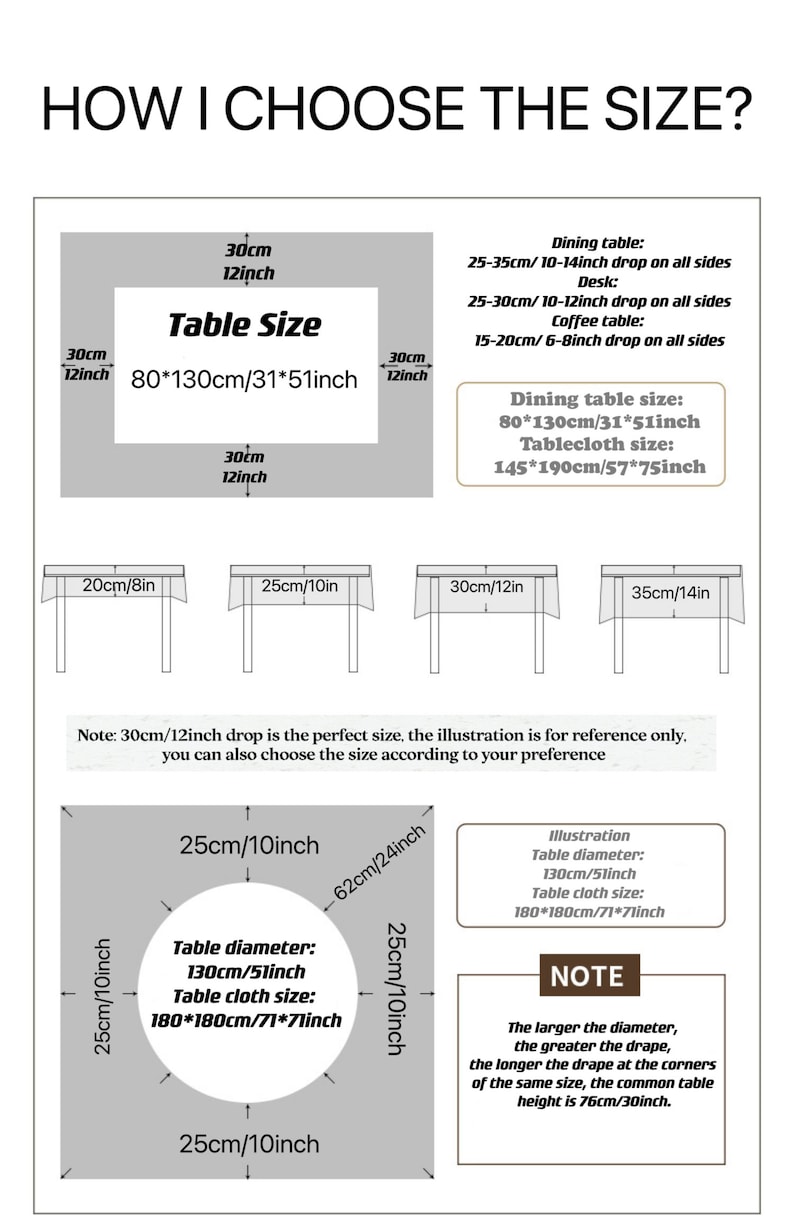 May include: A guide on how to choose the right size tablecloth for a table. The guide includes a table with measurements in inches and centimeters, as well as illustrations of different table sizes and tablecloth drops. The text includes the words "Table Size", "Dining Table", "Desk", "Coffee Table", "Tablecloth Size", "Table Diameter", and "Note".
