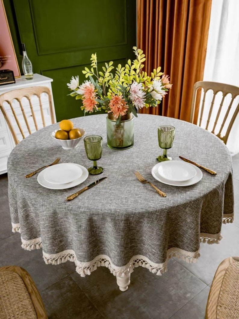 Cotton and Linen Rectangle Tablecloth Round/linen Tassel Tablecloth Blue/Party Table Decor/linen tablecloth Gray/Beige tablecloth Grey