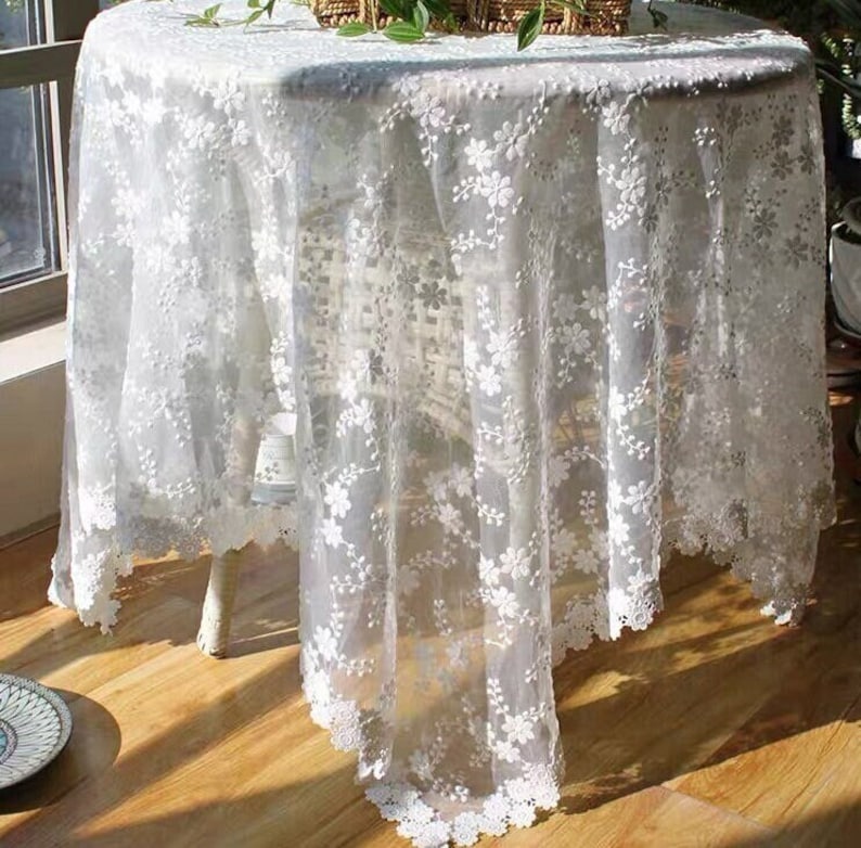 Klassisk vit spetsduk för bröllop/broderad fransk blommig spetsduk/duk i 100 % bomull/rund duk i lantlig stil bild 1