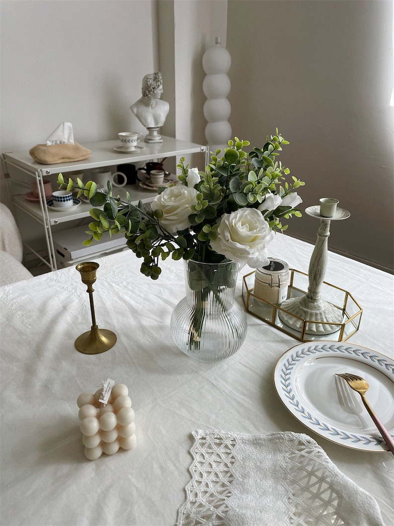 French Floral Lace Embroidered Rectangle Tablecloth/100% Cotton Table Cover/White Lace Wedding Tablecloth/Custom Farmhouse Round Tablecloth image 3