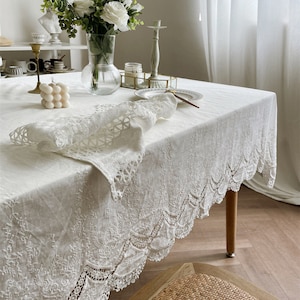 French Floral Lace Embroidered Rectangle Tablecloth/100% Cotton Table Cover/White Lace Wedding Tablecloth/Custom Farmhouse Round Tablecloth zdjęcie 2