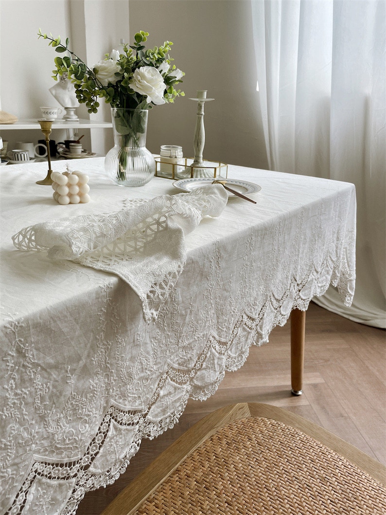 French Floral Lace Embroidered Rectangle Tablecloth/100% Cotton Table Cover/White Lace Wedding Tablecloth/Custom Farmhouse Round Tablecloth image 2