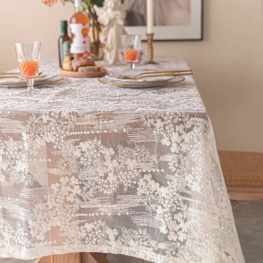 White Embroidered Lace Tablecloth/french Floral Tablecloth/vintage Country Wedding Tablecloth ...
