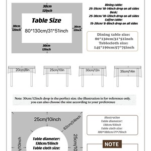 May include: A guide on how to choose the right size tablecloth for a table. The guide includes a table with measurements in inches and centimeters, as well as illustrations of different table sizes and tablecloth drops. The text includes the words "Table Size", "Dining Table", "Desk", "Coffee Table", "Tablecloth Size", "Table Diameter", and "Note".