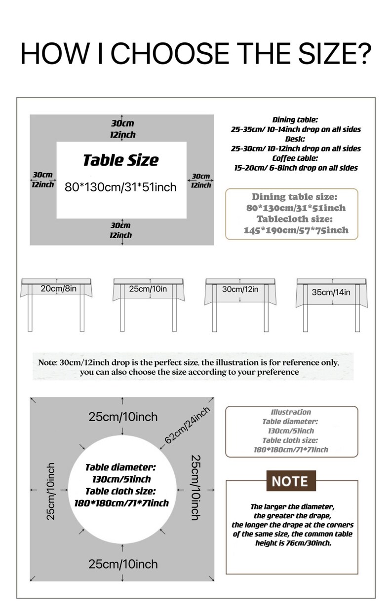May include: A guide on how to choose the right size tablecloth for a table. The guide includes a table with measurements in inches and centimeters, as well as illustrations of different table sizes and tablecloth drops. The text includes the words "Table Size", "Dining Table", "Desk", "Coffee Table", "Tablecloth Size", "Table Diameter", and "Note".