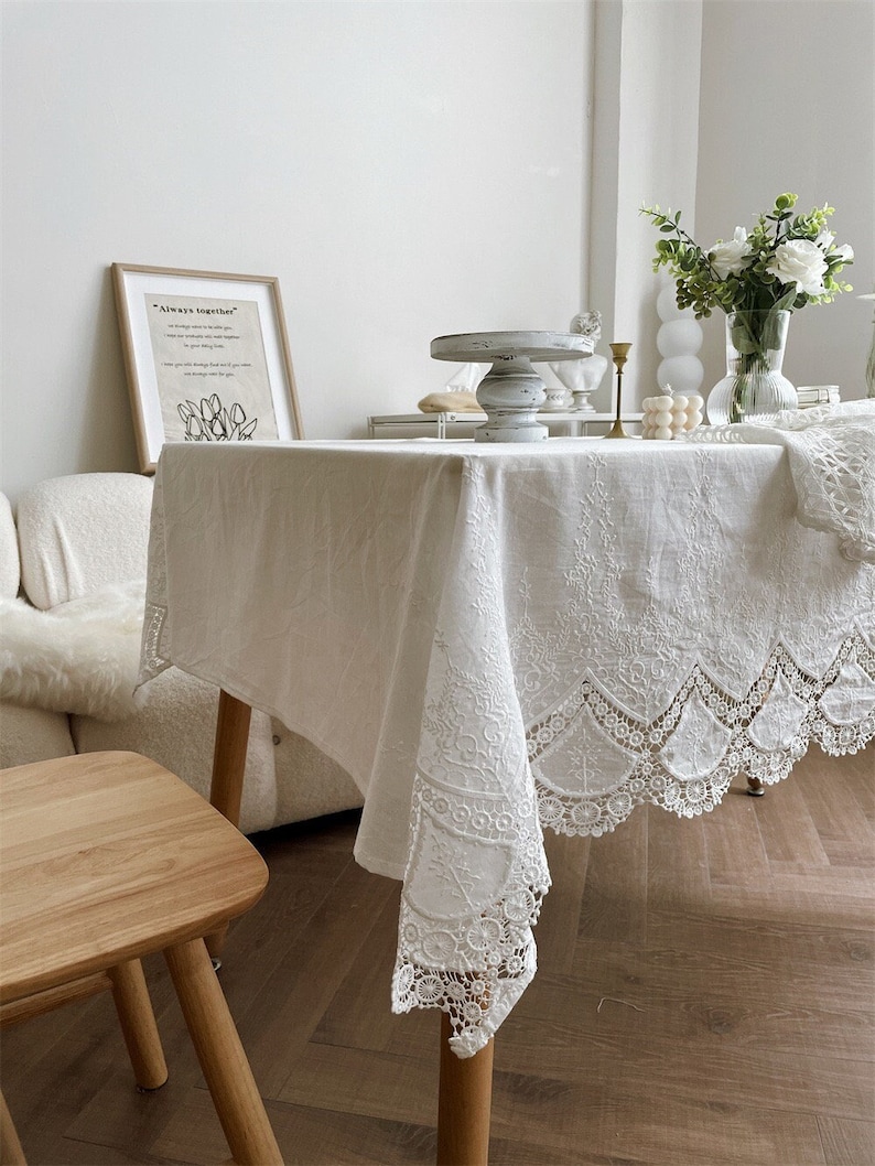 French Floral Lace Embroidered Rectangle Tablecloth/100% Cotton Table Cover/White Lace Wedding Tablecloth/Custom Farmhouse Round Tablecloth