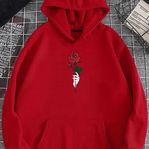 Rose Printed Unisex Hoodie Sweatshirt,Unisex Red Rose Sweatshirt, Custom Rose Embroidery Stitching Hoodies Sweatshirts