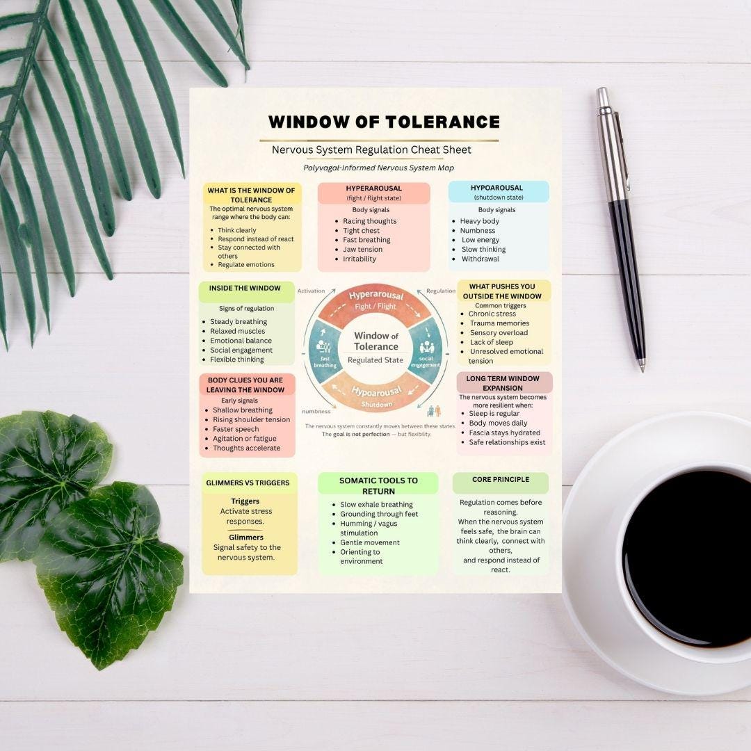 Window of Tolerance Cheat Sheet | Polyvagal Nervous System Regulation ...