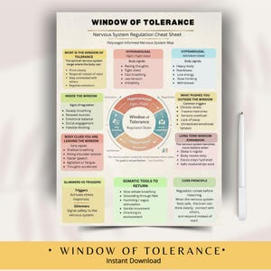 May include: A colorful infographic titled "Window of Tolerance" with text and diagrams explaining nervous system regulation. It includes sections on hyperarousal, hypoarousal, and somatic tools. A pen rests on the right side.