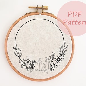 Pumpkin floral wreath PDF embroidery pattern, fall autumn hand embroidery pattern, hand embroidery design digital download, wall art decor