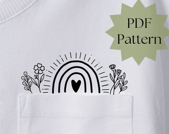 Rainbow pocket embroidery pattern, floral hand embroidery design on tshirt pocket, trendy embroidery on clothing, PDF embroidery template