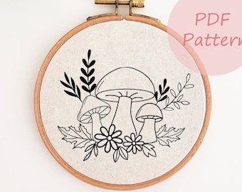 Fall mushroom embroidery pattern, autumn embroidery PDF pattern, mushroom flower hand embroidery design, embroidery template, DIY fall decor