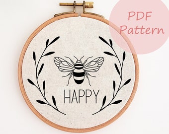 Motif de broderie heureux abeille, motif PDF de broderie abeille, motif de broderie à la main reine des abeilles, motif numérique, art de la broderie abeille, décor abeille