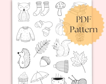 May include: A printable stick and stitch hand embroidery pattern sheet featuring various autumn-themed illustrations. The sheet includes images of a fox, socks, a mushroom, a sweater, mittens, a pumpkin, a squirrel, a leaf, and more.