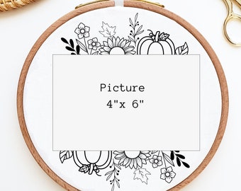 Fall pumpkin sunflower photo frame PDF embroidery pattern, floral picture frame PDF pattern, autumn decor, needlepoint beginner, size 4x6