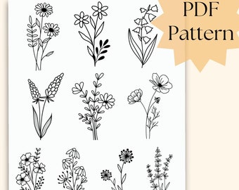 Mini simple flower printable stick and stitch, easy beginner PDF digital hand embroidery pattern on stabilizer, embroidery design on clothes