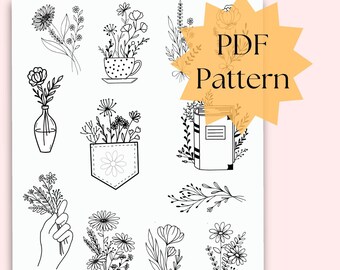 May include: A printable stick and stitch hand embroidery pattern sheet. The design features various floral illustrations, including bouquets, flowers in a teacup, and a pocket with a flower. The text "PDF Pattern" is also included.