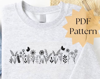 Butterfly wildflower embroidery pattern on sweatshirt, floral hand embroidery design, trendy embroidery, digital stick and stitch, DIY gift