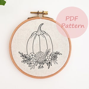 Diseño de bordado a mano de calabaza, patrón de bordado de otoño, descarga de PDF de bordado, patrón digital fácil para principiantes, arte de pared de tela DIY