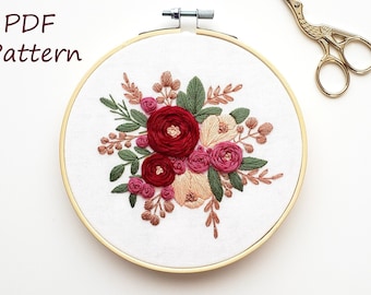 Rose embroidery pattern, flower bouquet PDF pattern, hand embroidery design, easy beginner pattern, DIY handmade gift, birthday wedding gift