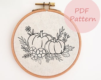 Pumpkin hand embroidery embroidery pattern, flower PDF hand embroidery design, DIY autumn home decor, fall wall decor, easy beginner pattern
