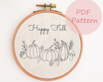 Pumpkin mushroom acorn printable PDF hand embroidery pattern, DIY autumn home decor, fibre wall art, easy beginner hand embroidery design