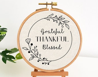Fall quote hand embroidery pattern, Grateful thankful blessed embroidery pattern, autumn fall home decor, textile wall art, easy needlepoint