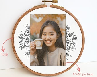 Flower photo frame embroidery pattern, floral picture frame hand embroidery design, digital PDF pattern, needlepoint beginner, DIY gift, 4x6