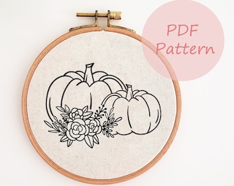 Fall pumpkin hand embroidery design, floral printable embroidery pattern, beginner PDF pattern, digital download, autumn home decor, DIY