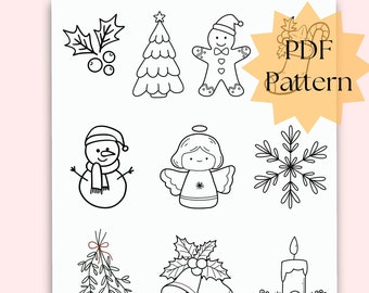 Christmas ornament printable stick and stitch, snow man, angel, ornament PDF digital hand embroidery pattern on stabilizer, xmas tree decor