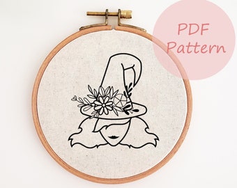 Floral witch hat PDF embroidery pattern, Halloween hand embroidery design, fall PDF pattern, DIY beginner pattern needlepoint, wall decor