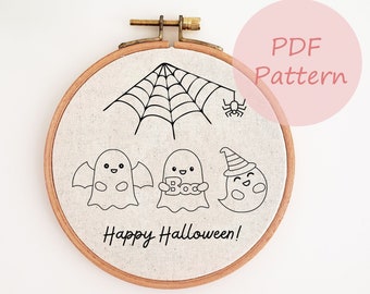 Cute ghost boo PDFb embroidery pattern, Halloween spider web, hand embroidery design, DIY Halloween home decor, easy beginner needlepoint