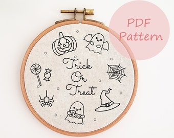 Spooky season hand embroidery design, trick or treat embroidery pattern, ghost candy Halloween embroidery pattern, Halloween home decor
