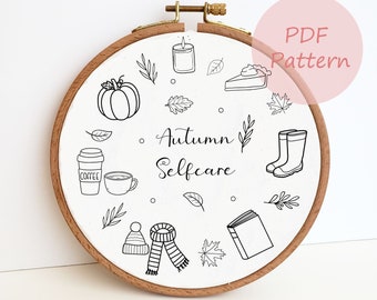 Coffee scarf hand embroidery design, autumn selfcare embroidery pattern, fall PDF pattern, DIY wall decor, easy beginner pattern, modern art