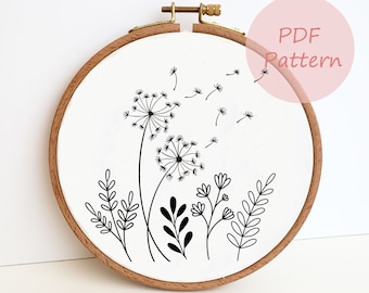 Dandelion wildflower embroidery PDF pattern, floral hand embroidery design, DIY handmade gift, easy beginner needlepoint, home decor art