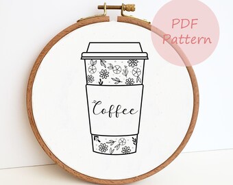 Floral coffee cup embroidery pattern, flower wildflower digital PDF pattern, botanical hand embroidery design, DIY coffee lover gift, easy