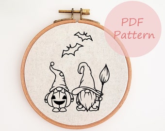 Halloween pumpkin gnome digital hand embroidery pattern, Gnome witch hat PDF pattern, fall Halloween wall decor, handmade gift, book nook