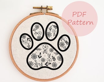 Floral pet paw embroidery pattern, dog cat paw PDF pattern, hand embroidery design, embroidery template, home wall art, DIY pet lover gift