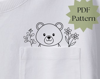 Bear pocket PDF embroidery pattern, cute animal embroidery on kid clothes, DIY embroidery on baby tshirt, hand embroidery design, baby gift