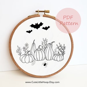 Halloween pumpkin printable PDF pattern, bat pumpkin spider embroidery pattern, hand embroidery design, spooky home decor, DIY autumn decor