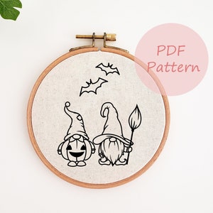 Halloween pumpkin gnome digital hand embroidery pattern, Gnome witch hat PDF pattern, fall Halloween wall decor, handmade gift, book nook