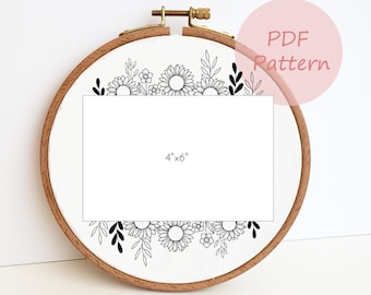 Modello PDF ricamo cornice per foto girasole, disegno ricamo a mano cornice per foto fiore, principiante ricamo, regalo fatto a mano fai da te, 4x6