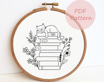 Stacking book and cat PDF embroidery pattern, wildflower hand embroidery design, needlepoint pattern, bookish wall decor, book lover gift