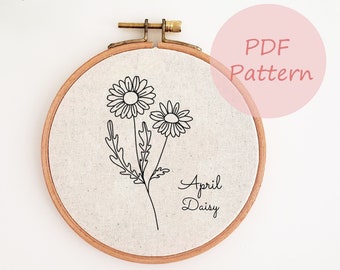 Patrón de bordado del mes de nacimiento de abril, diseño de bordado a mano de margarita, patrón PDF imprimible de flor de margarita, decoración de pared de bordado, regalo de cumpleaños