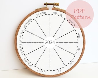 Hand embroidery journal pattern, 2024 year journal template, 12 month stitching journal, easy beginner needlepoint, thread journal PDF
